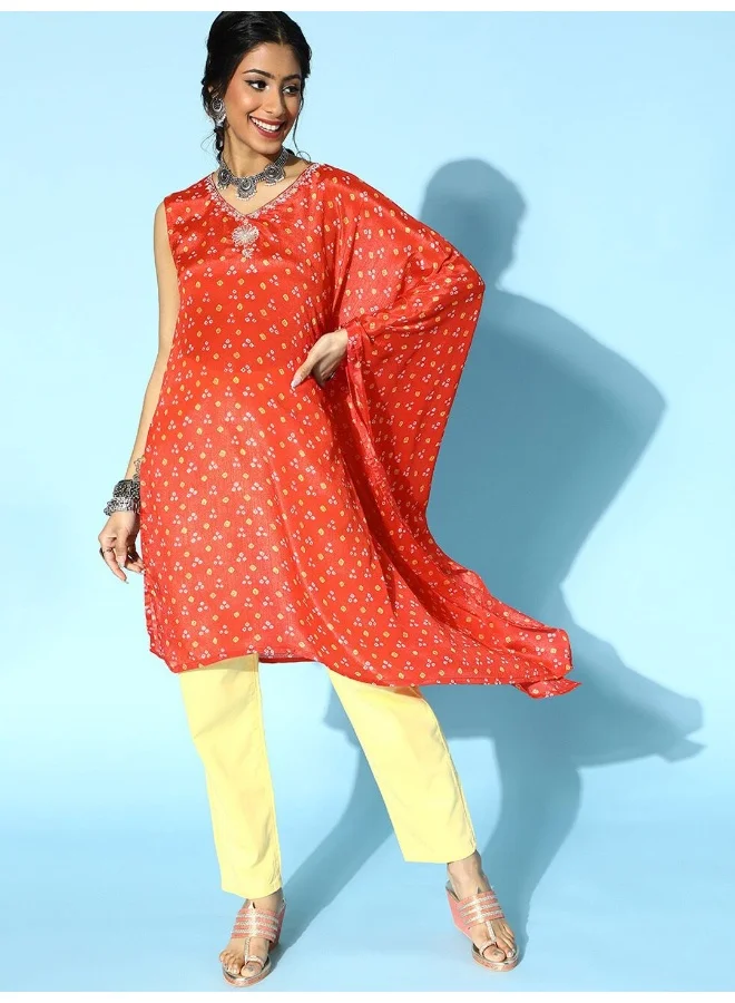 AKS Orange Printed Kurta with Embroidered Detail