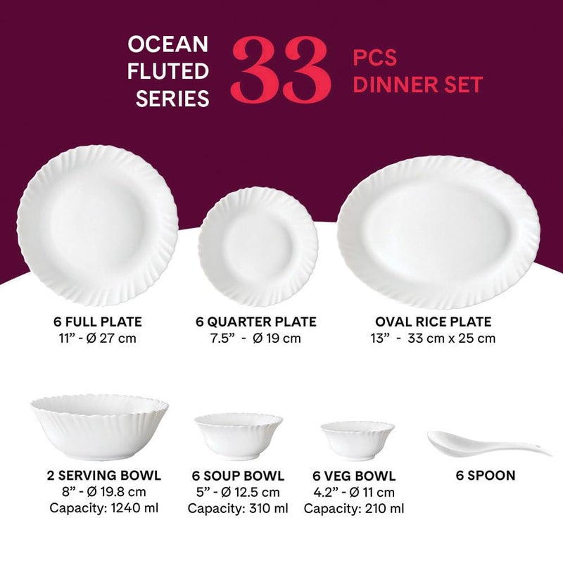 LARAH BY BOROSIL Larah by Borosil Ocean Fluted Series Opalware Dinner Set | 33 Pieces for Family of 6 | Microwave & Dishwasher Safe | Bone-Ash Free | Crockery Set for Dining & Gifting | Plates & Bowls | White - Image 2