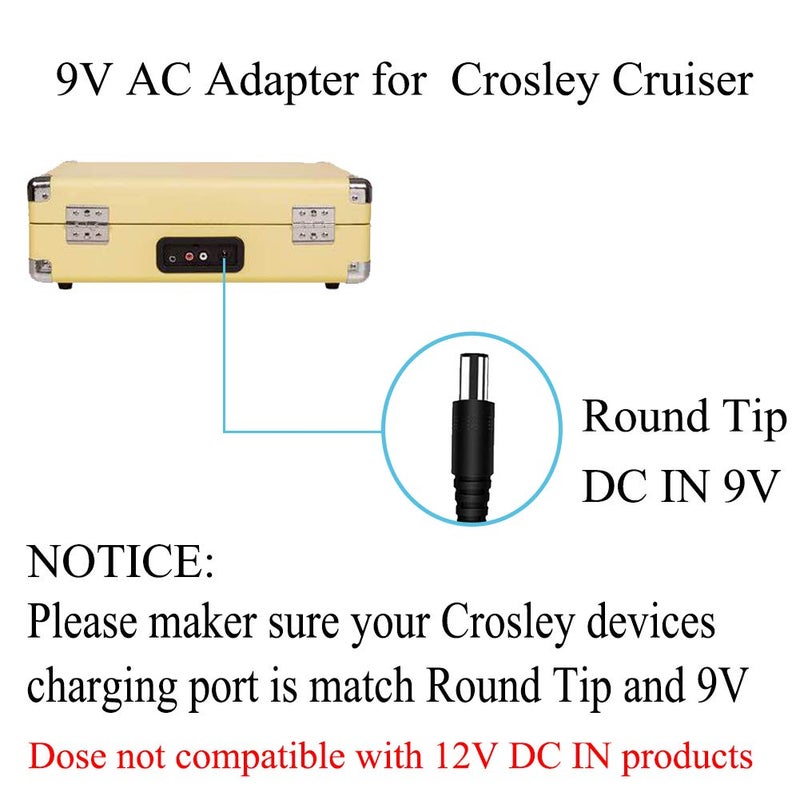WUKUR Replacement for Crosley Record Player Power Cord, 9V Adapter for Crosley Cruiser Portable Turntable Record Player CR8005A CR221 CR8005C I II III Series 5.9FT Cord (Not for 5V or 12V) - Image 4