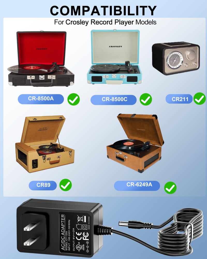 WUKUR Replacement for Crosley Record Player Power Cord, 9V Adapter for Crosley Cruiser Portable Turntable Record Player CR8005A CR221 CR8005C I II III Series 5.9FT Cord (Not for 5V or 12V) - Image 2