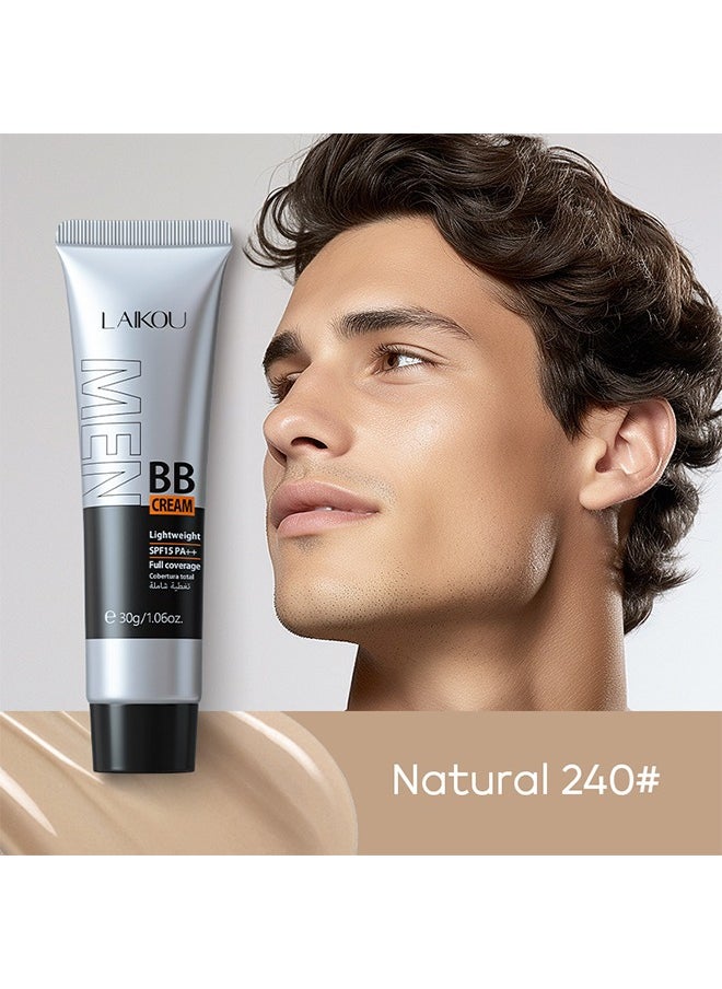 Laikou - Men BB Cream SPF 15 PA++, Full-Coverage Foundation & Concealer, Mens Face Moisturizer Cream Evens Skin Tone, Oil Control and Cover Flaws, Natural Finish for All Skin Types, Natural 240 - Image 1