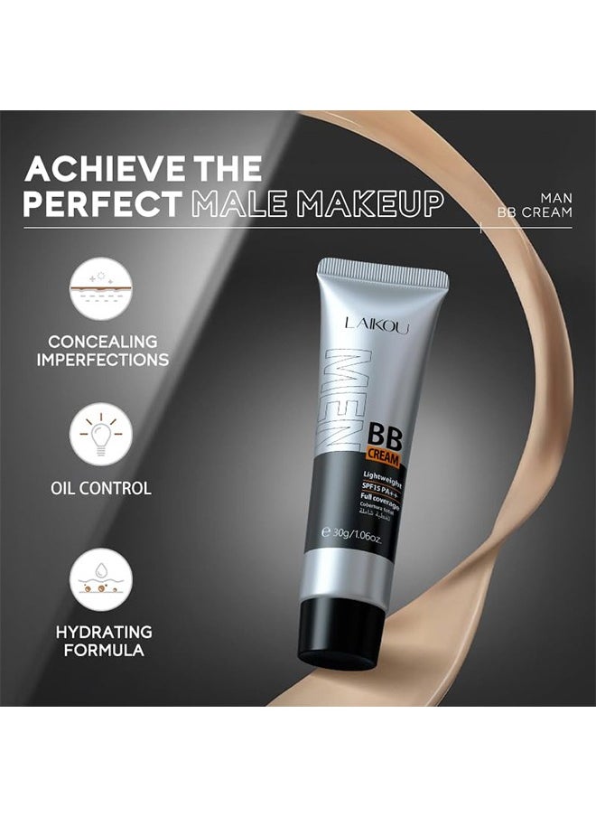 Laikou - Men BB Cream SPF 15 PA++, Full-Coverage Foundation & Concealer, Mens Face Moisturizer Cream Evens Skin Tone, Oil Control and Cover Flaws, Natural Finish for All Skin Types, Natural 240 - Image 1