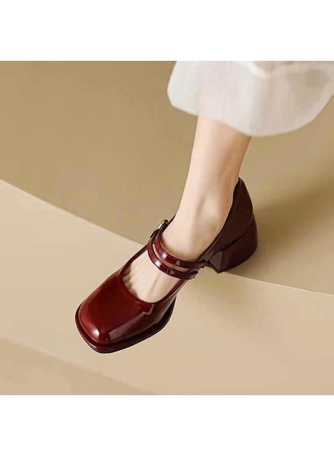 Stunner Women's Chunky Low Block Heel Dress Shoes Mary Janes Heels for Women Comfortable Closed Toe Work Pumps 2, C Wine Red, 8 - Image 2