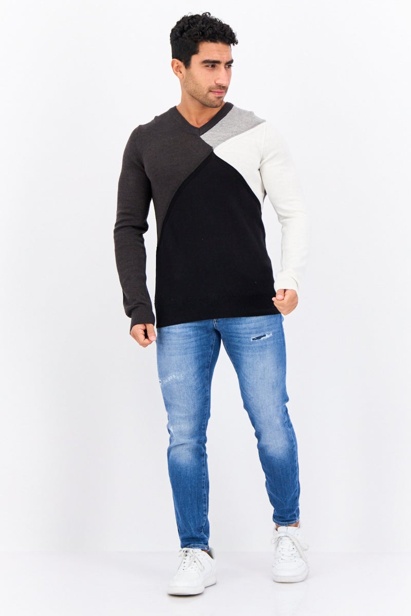 PERRY ELLIS سويت شيرت رجالي بأكمام طويلة على شكل حرف V، ملون، أسود - Image 4