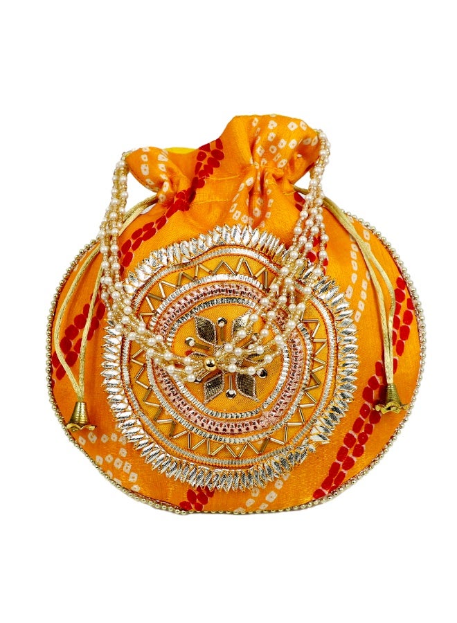 Madhoor Round Orange Decorative Potli Gift Bag (Batwa) for Wedding Favours, Jewellery, Coins, Sweets, Pooja Items & Festive Gifting, 22 cm, 1 Piece - Image 1