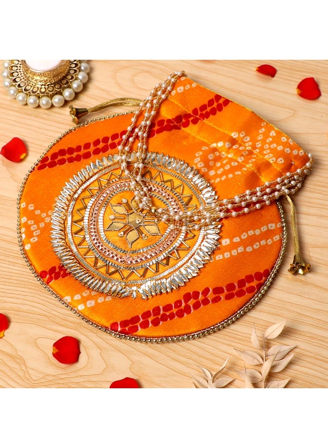 Madhoor Round Orange Decorative Potli Gift Bag (Batwa) for Wedding Favours, Jewellery, Coins, Sweets, Pooja Items & Festive Gifting, 22 cm, 1 Piece - Image 2