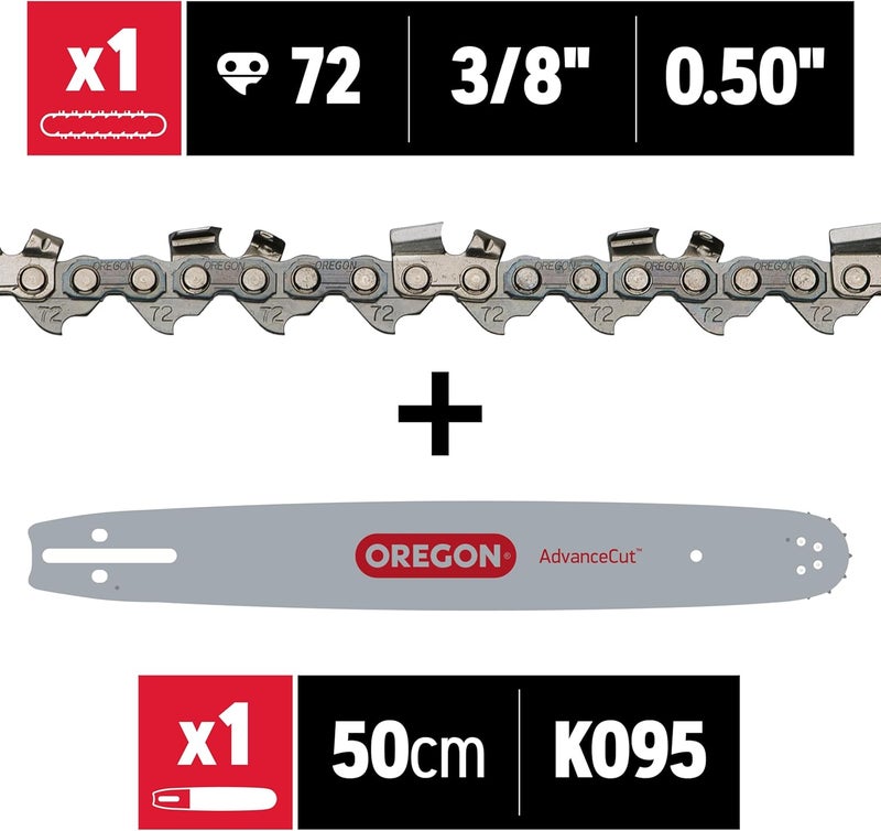 Oregon Chainsaw Guide Bar & Chain Combo, AdvanceCut Replacement for Saw Chains, Bar Length 20" (50cm) with Low Kickback Chain Set, 3/8" Pitch, 0.050" Gauge, 72 Drive Links (584818) - Image 1