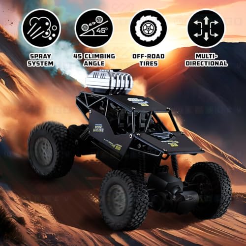 Wembley Rechargeable Remote Control Monster Truck RC Car Big Size Off Road 2WD Rock Crawler Battery Water Mist Spray and High-Speed Racing Toy for Boys (Black), 5 Years And Above - Image 4