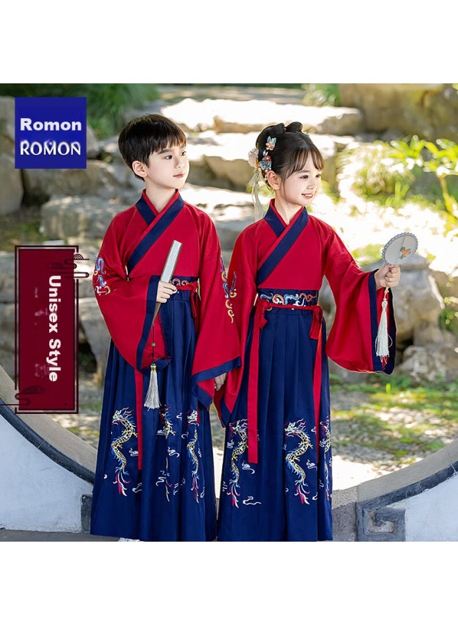 ROMON Luomeng Children's Traditional Chinese Costume For Boys And Girls, Ancient Chinese Style School Recitation Outfit, Performance Costume, Wine Red, Size 150  - Image 1