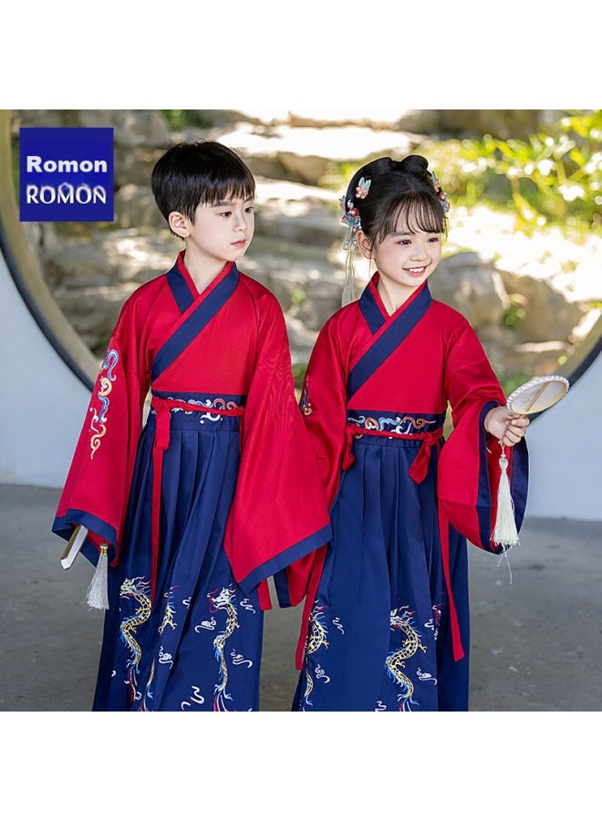 ROMON Luomeng Children's Traditional Chinese Costume For Boys And Girls, Ancient Chinese Style School Recitation Outfit, Performance Costume, Wine Red, Size 150  - Image 3