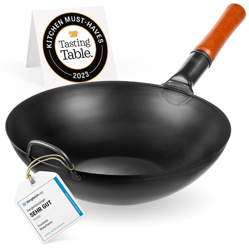 YOSUKATA Carbon Steel Wok Pan  135  Stir Fry Pans with Flat Bottom  Pow Wok  Traditional Japanese Chinese Cookware for Induction Electric Gas Stovetops  Open Fire BBQ Grill Outdoor Camping