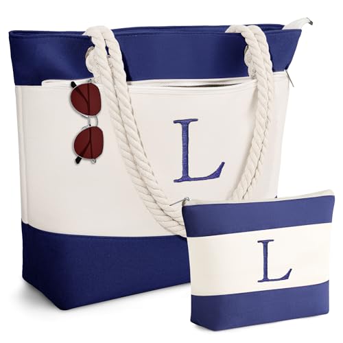 YOOLIFE Beach Bags for Women, Personalized Birthday Gifts for Women, Canvas Tote Bags for Travel Essential Waterproof Swim Pool Bag Gifts Office Shopping Large Tote Bag with Zipper L - Image 1
