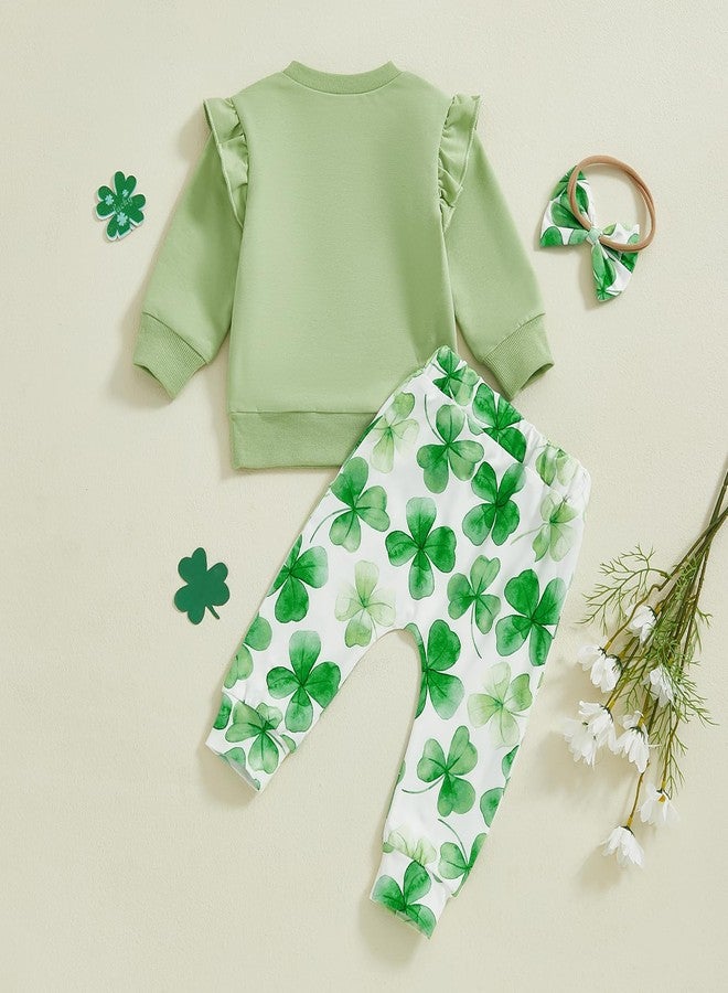 Karuedoo Toddler Baby Girl St Patricks Day Outfit Letter Print Ruffle Long Sleeve Sweatshirt Clover Pants Headband 3Pcs Set (Green, 2-3T) - Image 3