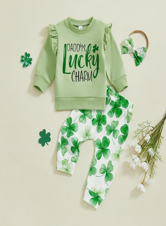 Karuedoo Toddler Baby Girl St Patricks Day Outfit Letter Print Ruffle Long Sleeve Sweatshirt Clover Pants Headband 3Pcs Set (Green, 2-3T) - Image 2
