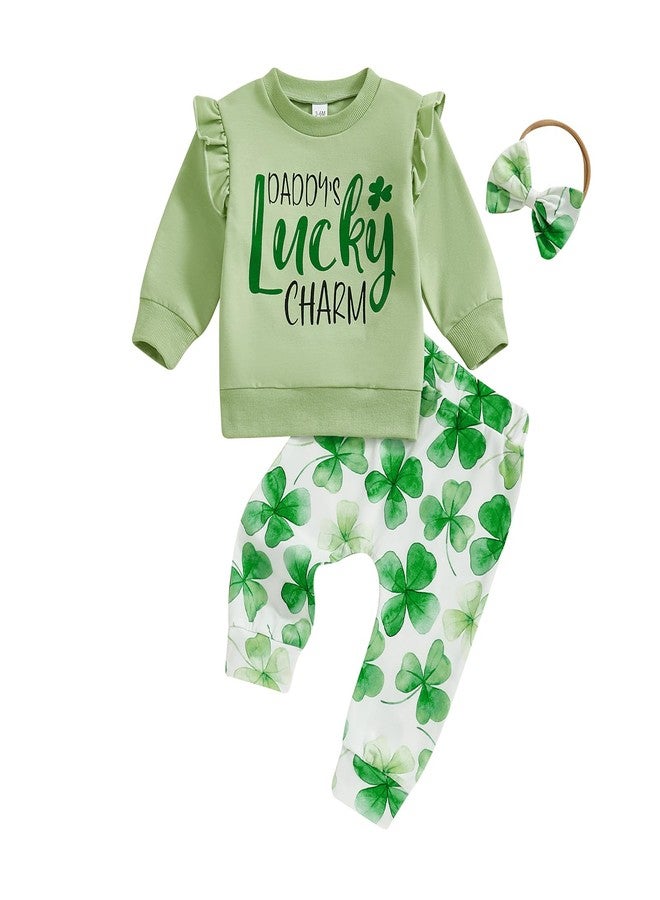 Karuedoo Toddler Baby Girl St Patricks Day Outfit Letter Print Ruffle Long Sleeve Sweatshirt Clover Pants Headband 3Pcs Set (Green, 2-3T) - Image 1