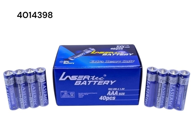 Lasertec AAA UM-4 R03 PVC Batteries – Long Shelf Life, 40-Piece Box