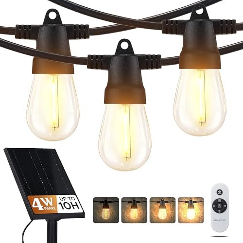 Brightech Ambience Pro Super Bright Solar - 48Ft Remote Control Outdoor String Lights with 15 Shatterproof S14 Bulbs, Commercial Grade LED, Waterproof Patio Lights, 4W Soft White for Patios, Gardens - Image 1