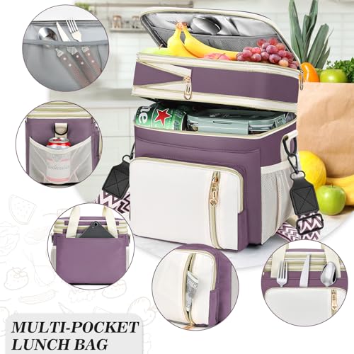 LOKASS Lunch Box & Lunch Bag for Women Men Double Deck, Large Insulated Adult Lunch Box Leakproof Lunchbox Cooler Bag for Work Picnic Beach,（Dark Pink 16L） - Image 2