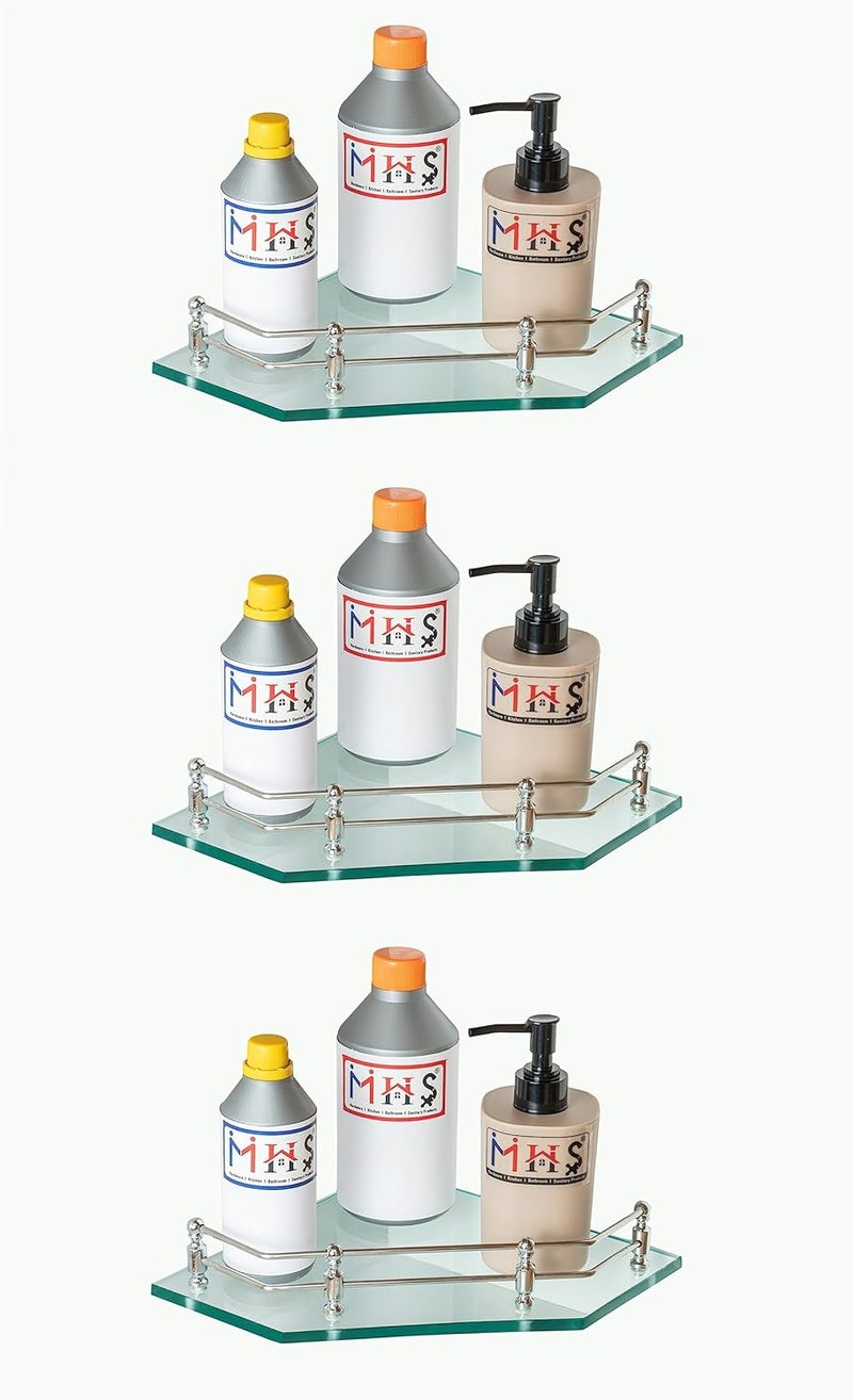 MHS MHS Glass Corner Shelf Multipurpose Kitchen Bathroom Wall Storage with Heavy Duty Brass Brackets Screws and Wall Plug Diamond Clear 9X9 Inch Pack of 3 