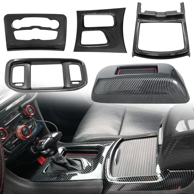 TENGBASE 5 Pack for Dodge Charger 20152023 Central Control AC Cover Navigation Screen Cover Gear Shift Panel Trim Armrest Cover Trim Black Carbon Fiber Particulate Material