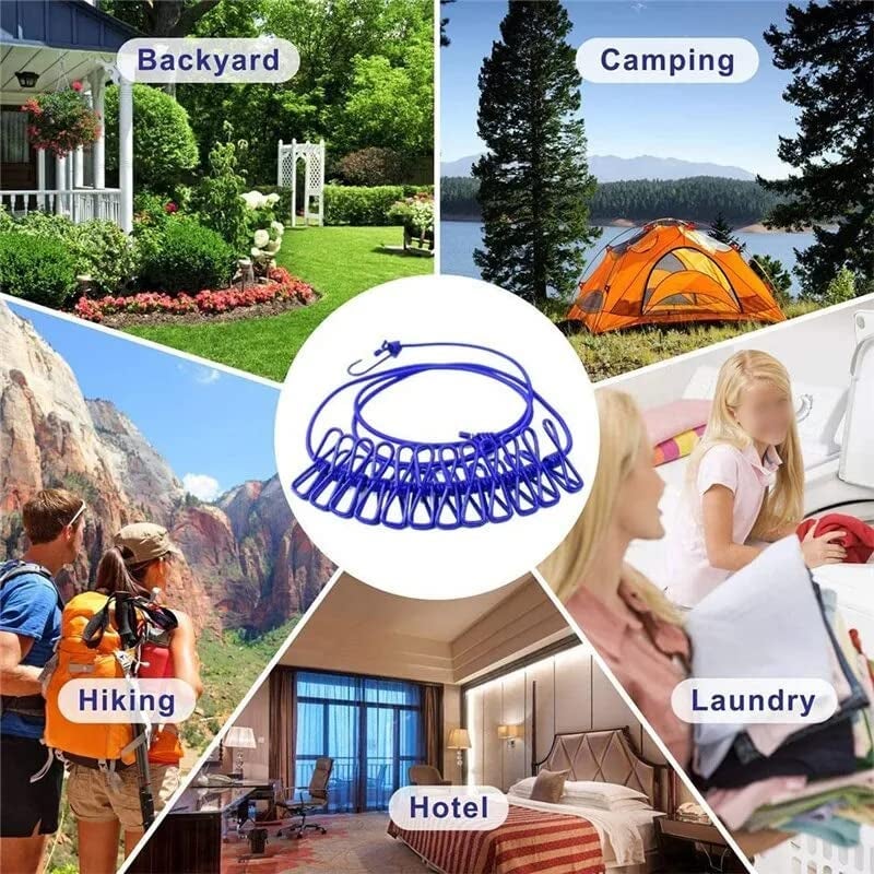 ATHA Clothesline Rope Elastic Cloth Drying Hanging Rope with 12 Clips and 2 Hooks Travel Clothesline Hanging Laundry Drying Rope Multicolor - Image 5