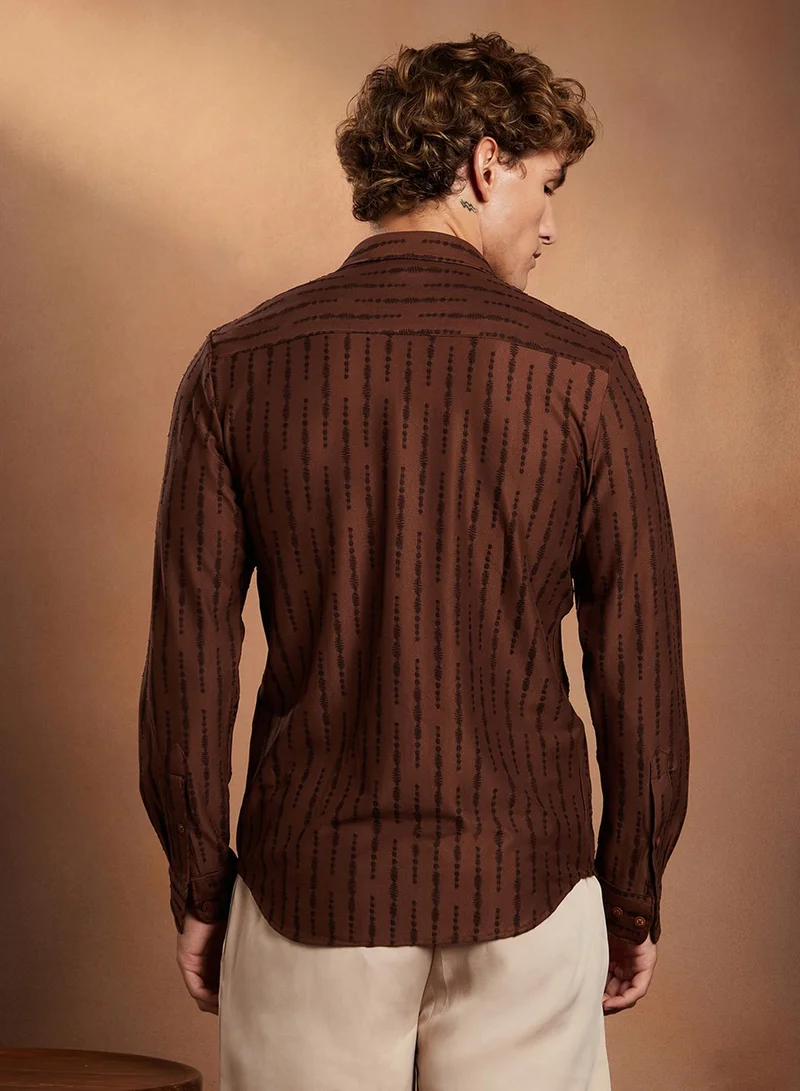 Campus Sutra Men's Brown Linear Pattern Full Sleeve Shirt