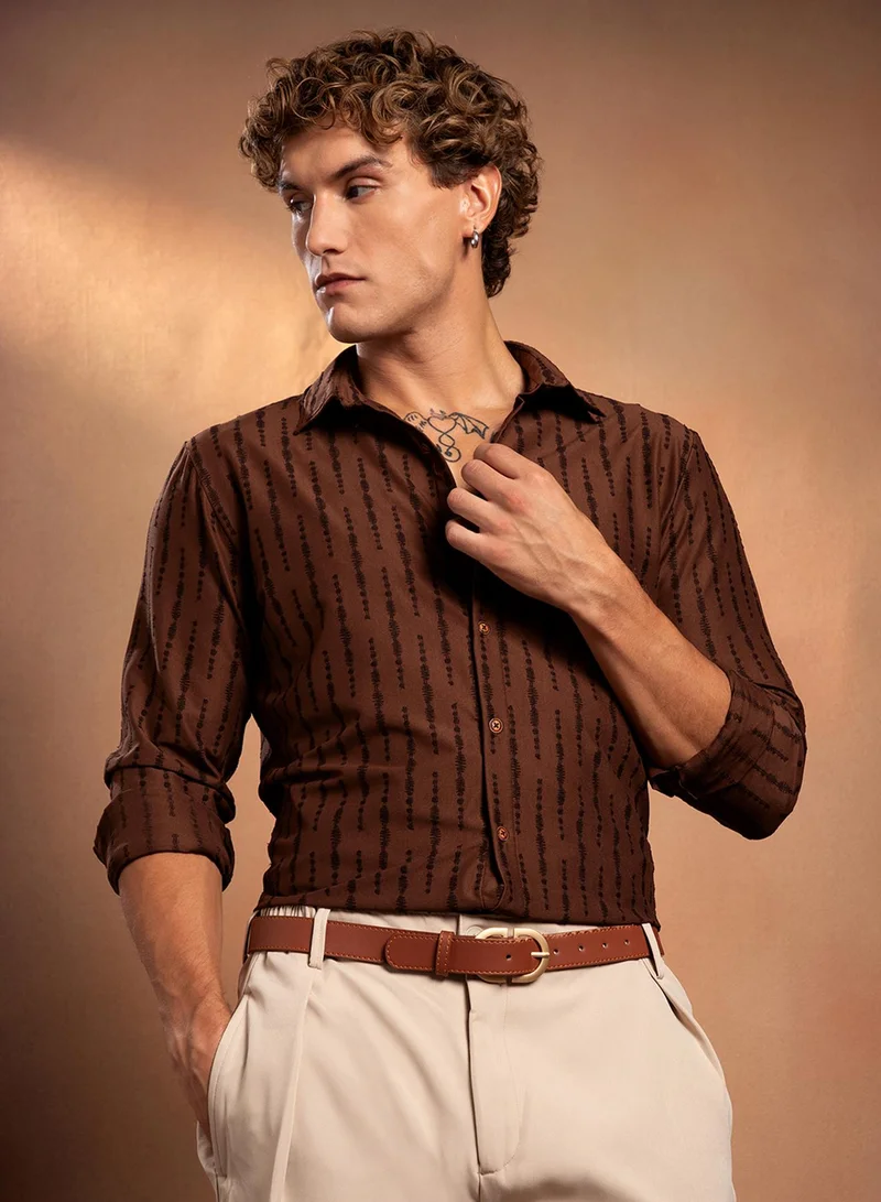 Campus Sutra Men's Brown Linear Pattern Full Sleeve Shirt