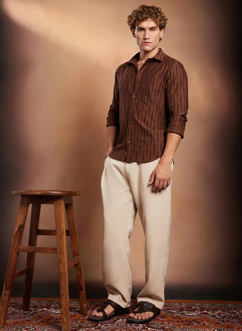 Campus Sutra Men's Brown Linear Pattern Full Sleeve Shirt