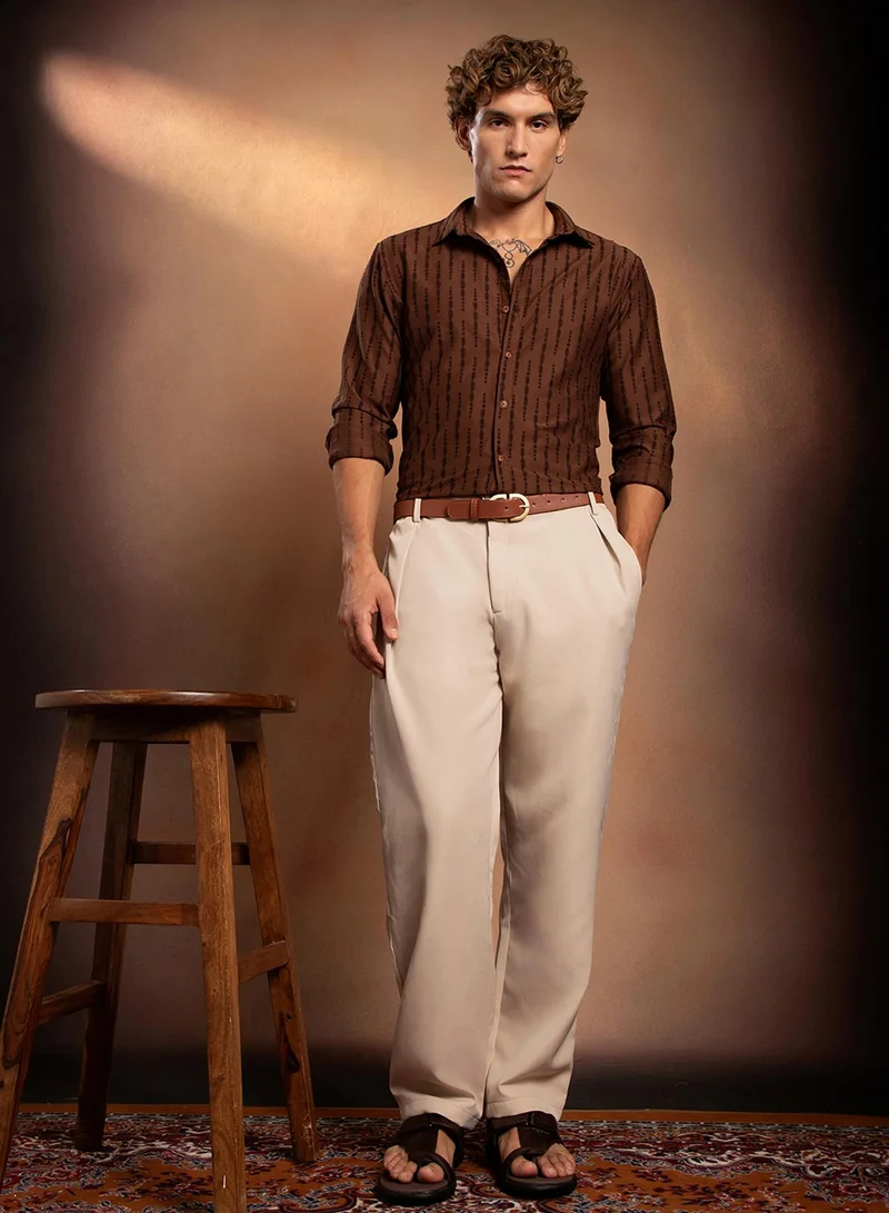Campus Sutra Men's Brown Linear Pattern Full Sleeve Shirt