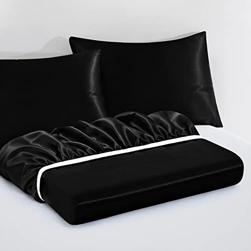 VACVELT 3pcs Extra Deep Pocket Satin Fitted Sheet Set Queen Bed Set, Black Bottom Sheet Fit 18-24 Inch Deep Pocket Mattress, Silky Bedding Set Soft & Ultra Deep Fitted Sheet & 2 Pillowcase - Image 3