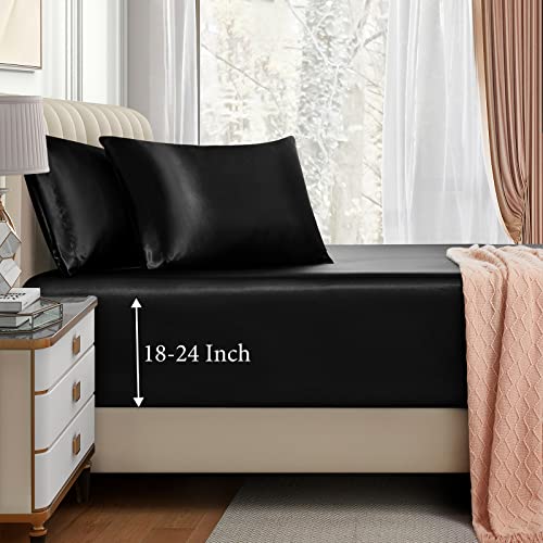 VACVELT 3pcs Extra Deep Pocket Satin Fitted Sheet Set Queen Bed Set, Black Bottom Sheet Fit 18-24 Inch Deep Pocket Mattress, Silky Bedding Set Soft & Ultra Deep Fitted Sheet & 2 Pillowcase - Image 1