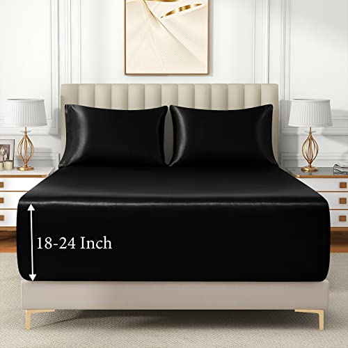 VACVELT 3pcs Extra Deep Pocket Satin Fitted Sheet Set Queen Bed Set, Black Bottom Sheet Fit 18-24 Inch Deep Pocket Mattress, Silky Bedding Set Soft & Ultra Deep Fitted Sheet & 2 Pillowcase - Image 2