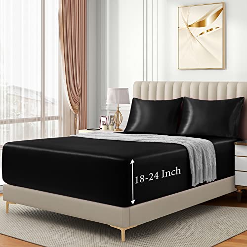 VACVELT 3pcs Extra Deep Pocket Satin Fitted Sheet Set Queen Bed Set, Black Bottom Sheet Fit 18-24 Inch Deep Pocket Mattress, Silky Bedding Set Soft & Ultra Deep Fitted Sheet & 2 Pillowcase - Image 4
