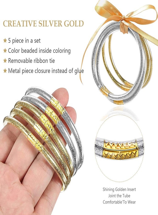 MJartoria Glitter Jelly Bangles Bracelets Set Glitter Filled Jelly Silicone Bracelets for Women (Silver+Champagne Gold) - Image 4