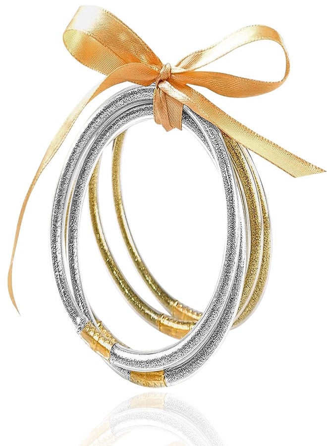 MJartoria Glitter Jelly Bangles Bracelets Set Glitter Filled Jelly Silicone Bracelets for Women (Silver+Champagne Gold) - Image 1