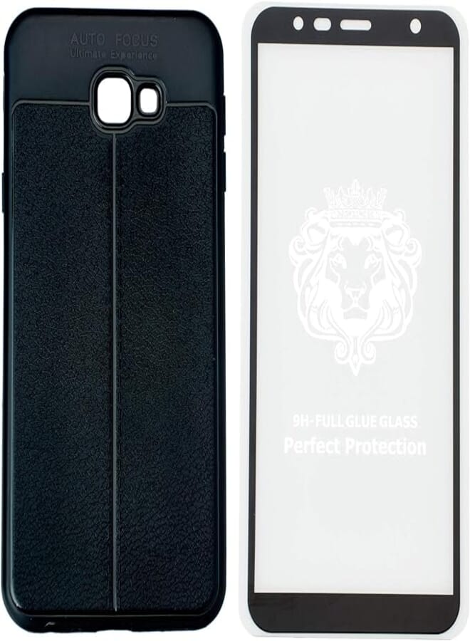 Auto Focus Silicone Back Cover Slim Case with 5D Anti-Fingerprint Screen Protector for Samsung Galaxy J4 Plus 2018 - Black
