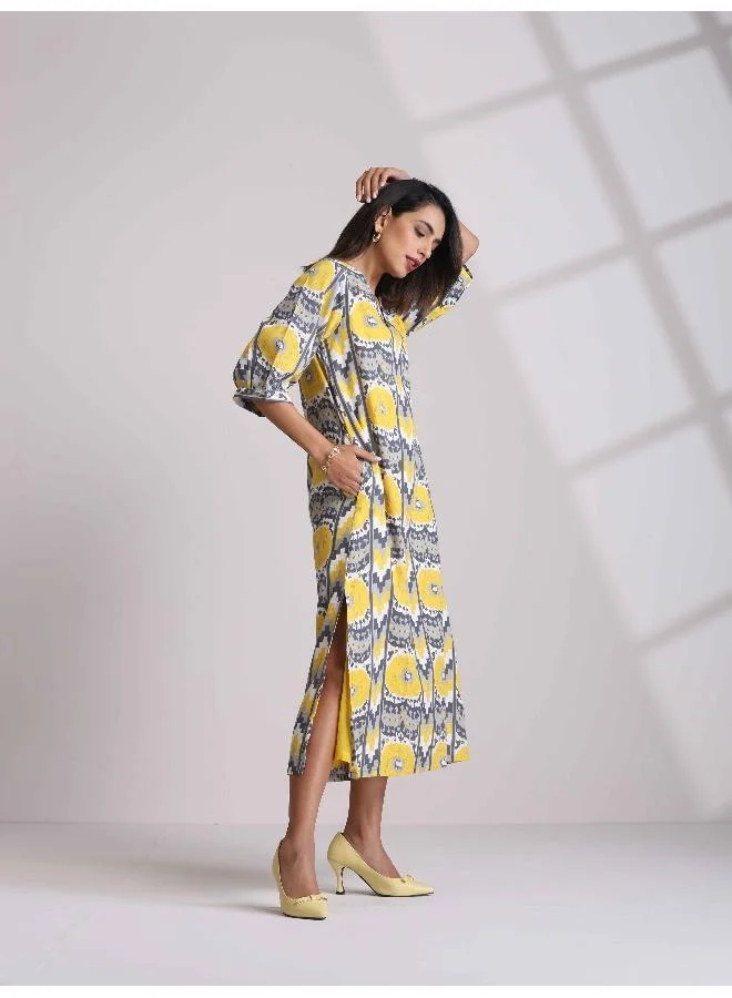 trueBrowns trueBrowns Yellow Cotton Ikat Slit Dress