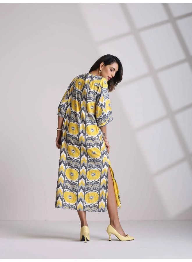 trueBrowns trueBrowns Yellow Cotton Ikat Slit Dress