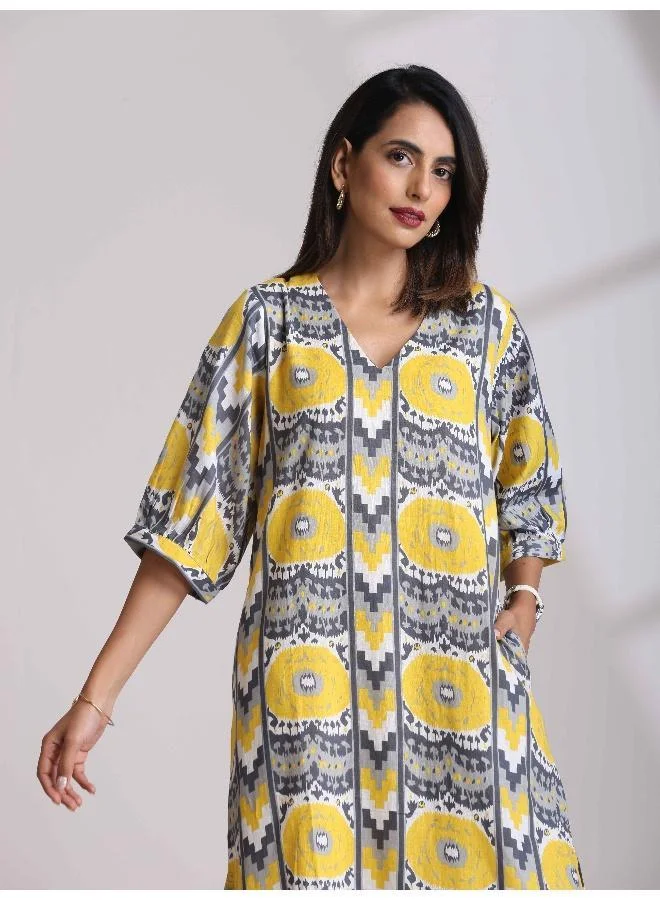 trueBrowns trueBrowns Yellow Cotton Ikat Slit Dress