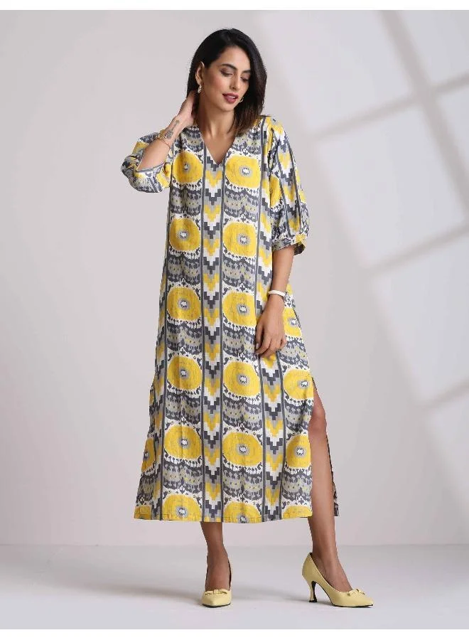 trueBrowns trueBrowns Yellow Cotton Ikat Slit Dress