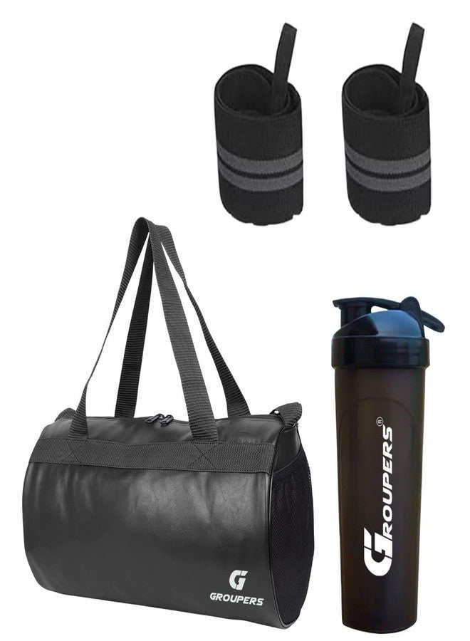 Groupers Gym Bag Combo 20-25L - Black Sports & Travel Duffle (43×25×23 cm) with 700ml Shaker & Heavy Duty 21" Wrist Wraps, Workout Gear & Fitness Kit for Men & Women - Image 1