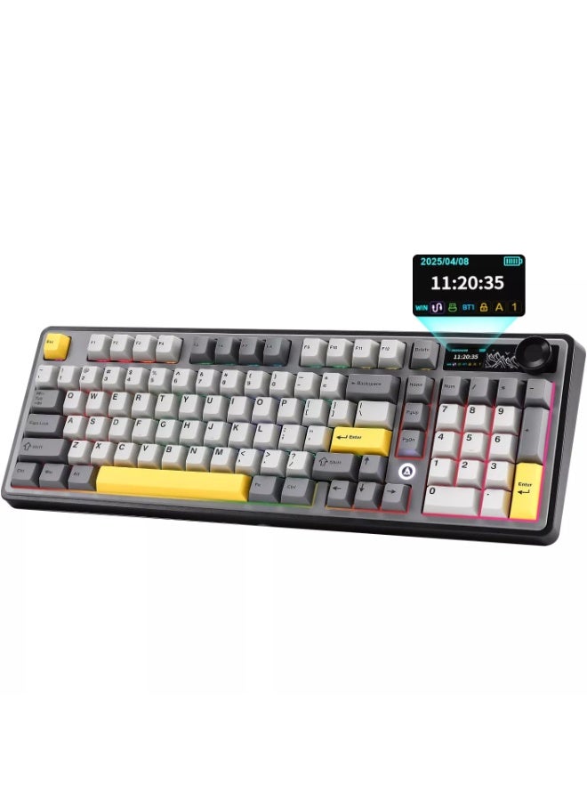 إيه جاز لوحة مفاتيح AK980 V2 ثلاثية الأوضاع للألعاب، لاسلكية، بلوتوث، وسلكية، مزودة بإضاءة RGB، وشاشة ذكية، ومقبض تحكم، ونسبة كتابة 98%، ومفاتيح قابلة للتبديل السريع، وأغطية مفاتيح PBT، متوافقة مع ويندوز وماك. - Image 1