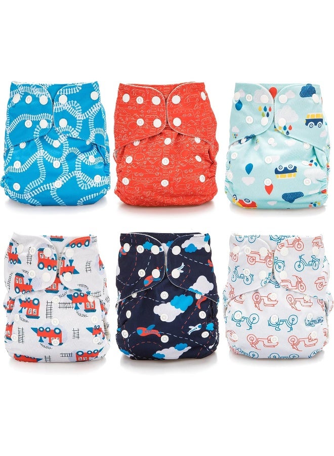 Simple Being Reusable Cloth Diapers, One Size Adjustable, Washable Soft Absorbent, Waterproof Cover, Eco-Friendly Unisex Baby Girl Boy, six 4-Layers Microfiber Inserts (Planes/Trains) - Image 2