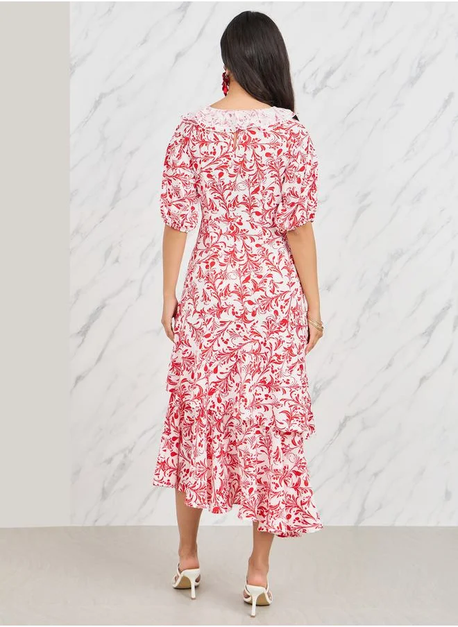 Styli Floral Print Ruffle Tiered Midi Dress
