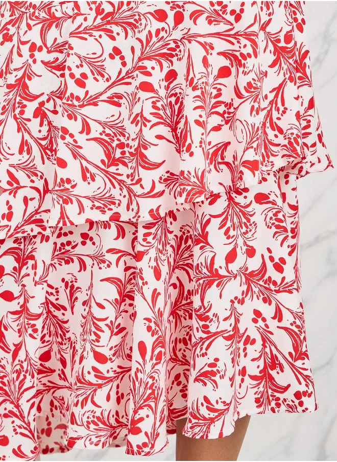 Styli Floral Print Ruffle Tiered Midi Dress