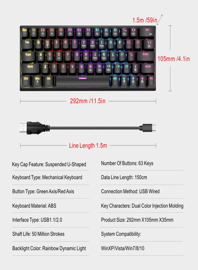 BAJEAL Mechanical Keyboard Wired Gaming Illuminated Keyboard with Colorful Backlit Custom 63 Keys Office Keyboard - Image 3
