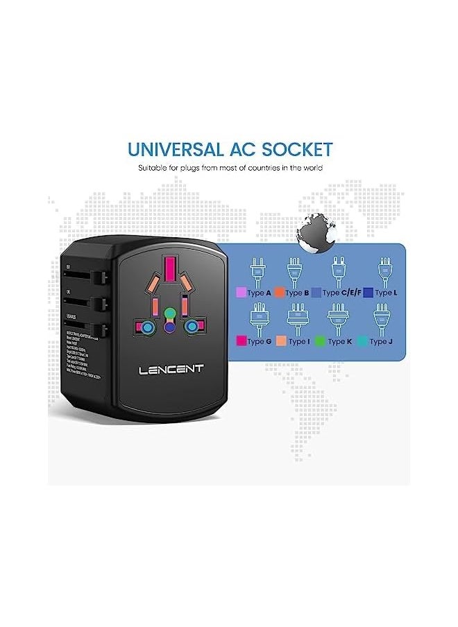 Lencent محول سفر عالمي شاحن دولي مزود بثلاثة منافذ USB ومحول شحن سريع من النوع C لأجهزة iPhone وSamsung وتابلت Gopro. لأكثر من 200 دولة النوع A وC وG وI والولايات المتحدة والمملكة المتحدة والاتحاد الأوروبي وأستراليا  - Image 3