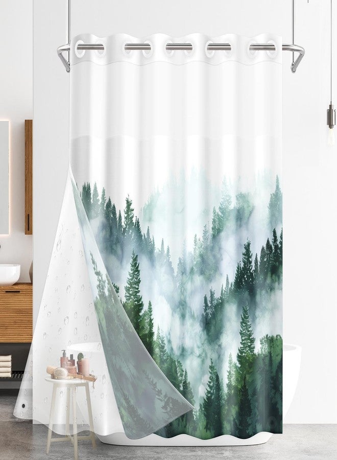 Nesphy No Hook Misty Forest Shower Curtain with Snap-in PEVA Liner Set, Ombre Sage Green Nature Tree Mountain Hotel Style with See Through Top Window Double Layers Waterproof Bath Curtain 71x74 Inch - Image 1
