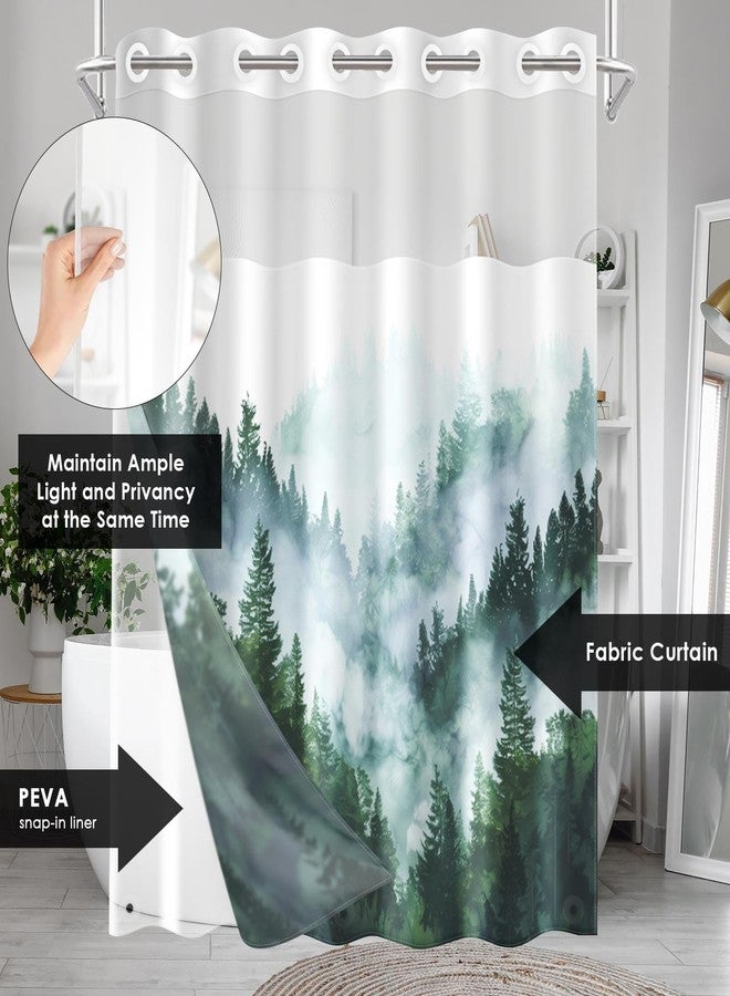 Nesphy No Hook Misty Forest Shower Curtain with Snap-in PEVA Liner Set, Ombre Sage Green Nature Tree Mountain Hotel Style with See Through Top Window Double Layers Waterproof Bath Curtain 71x74 Inch - Image 4