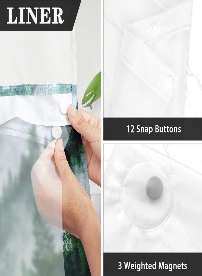 Nesphy No Hook Misty Forest Shower Curtain with Snap-in PEVA Liner Set, Ombre Sage Green Nature Tree Mountain Hotel Style with See Through Top Window Double Layers Waterproof Bath Curtain 71x74 Inch - Image 3